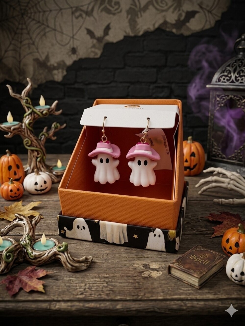 TJ Maxx True to Form Halloween Ghost PINK Cowboy Hat Earrings Holiday Jewelry